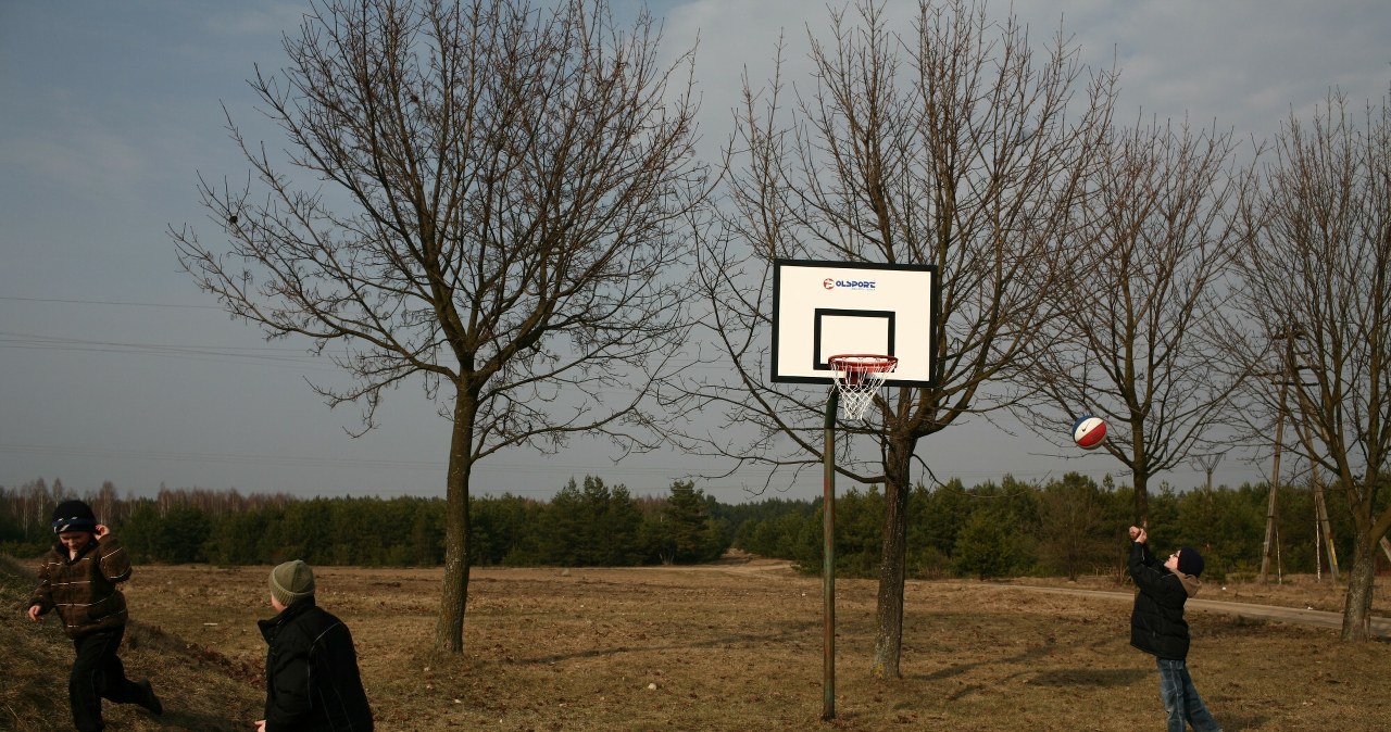 Dzieci bawi się na pustym, trawiastym terenie otoczonym bezlistnymi drzewami, jedno z nich rzuca piłką do kosza zamontowanego na metalowym słupie /Mitura/REPORTER /East News