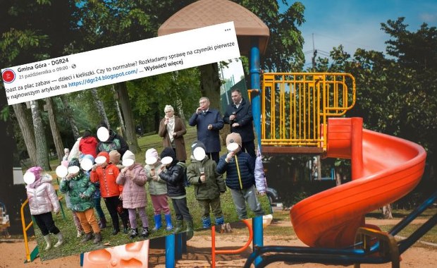 Dzieci z kieliszkami w rękach. Kontrola kuratora po otwarciu placu zabaw