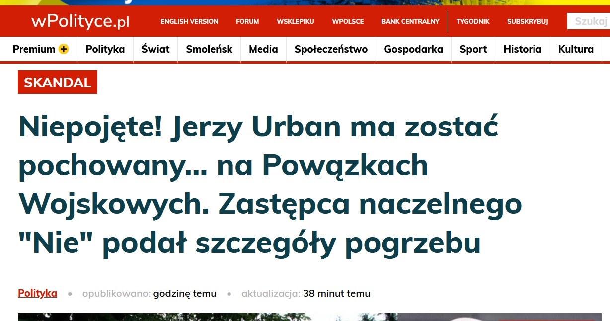 Dziennikarze portal wpolityce.pl są oburzeni faktem, że Jerzy Urban pochowany zostanie na Powązkach /