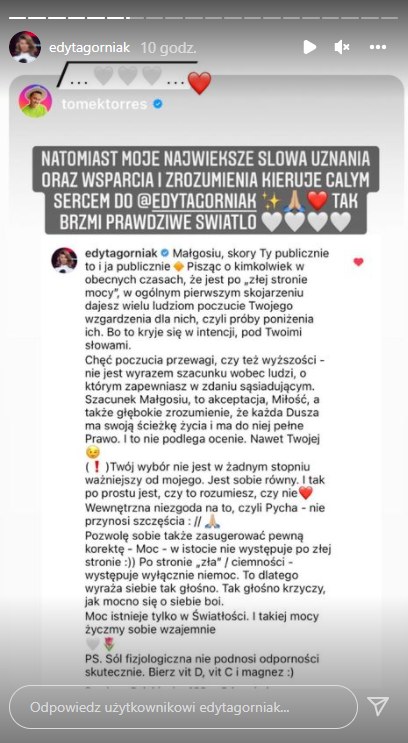 Edyta Górniak udostępnia stories Torresa @edytagorniak /Instagram