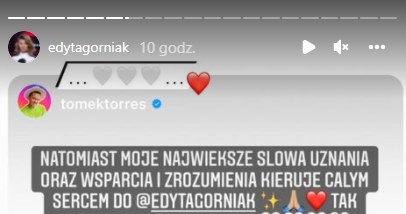 Edyta Górniak udostępnia stories Torresa @edytagorniak /Instagram