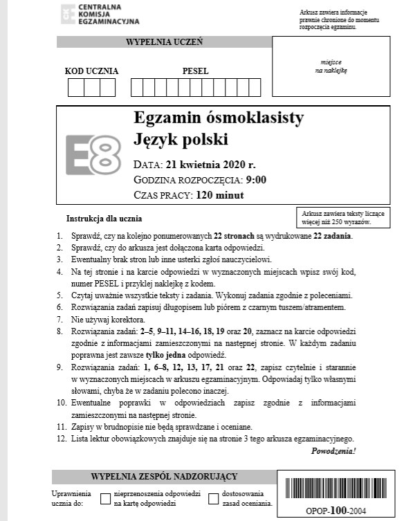 EGZAMIN ÓSMOKLASISTY 2020: Język polski - arkusz CKE /CKE