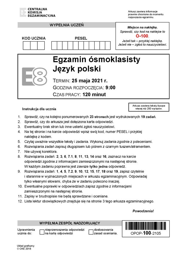 Egzamin ósmoklasisty 2021. Arkusze CKE z języka polskiego /CKE /