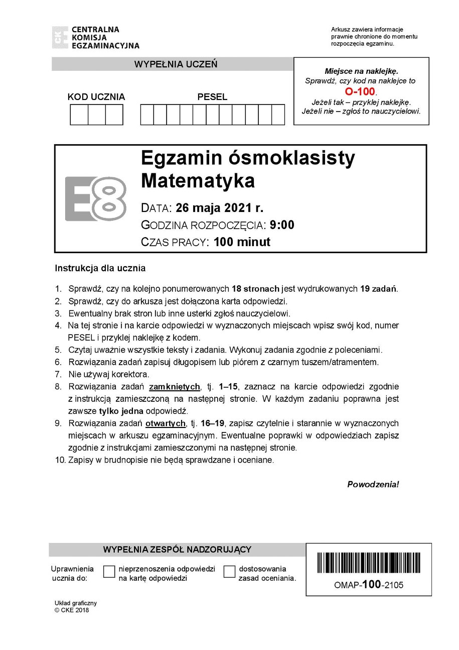 Egzamin ósmoklasisty 2021. Arkusze CKE z matematyki /Centralna Komisja Egzaminacyjna