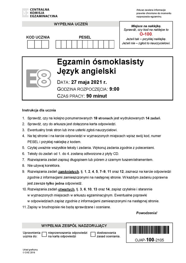 Egzamin ósmoklasisty 2021. Język angielski /CKE /RMF24
