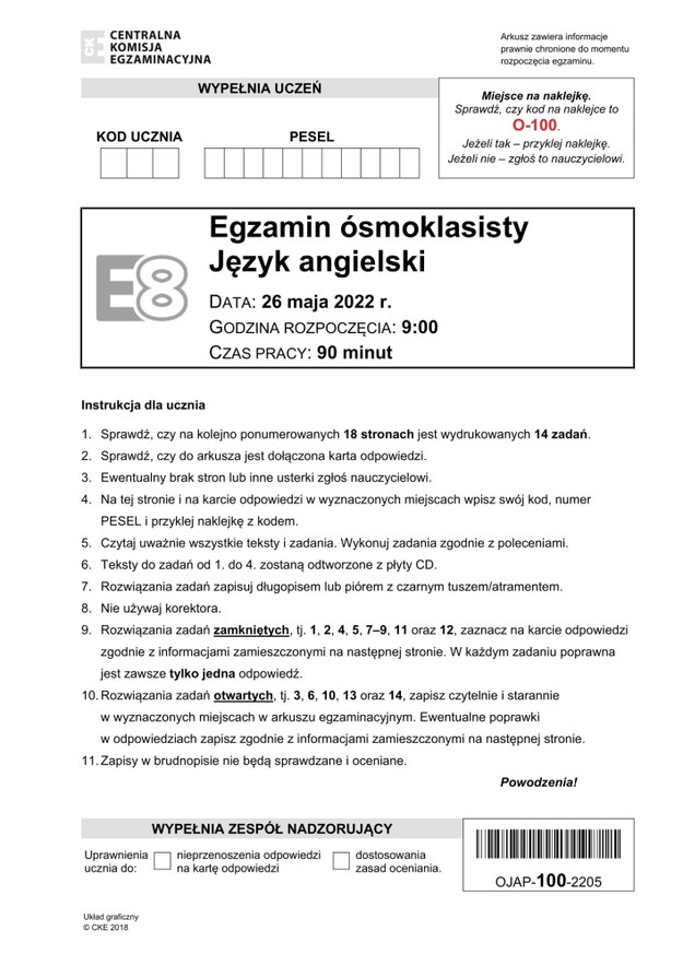 Egzamin ósmoklasisty 2022. Rozwiązania testu z języka angielskiego /CKE /RMF24