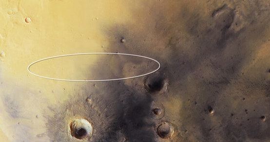 Elipsa lądowania sondy Schiaparelli naniesiona na zdjecie z sondy Mars Express /materiały prasowe