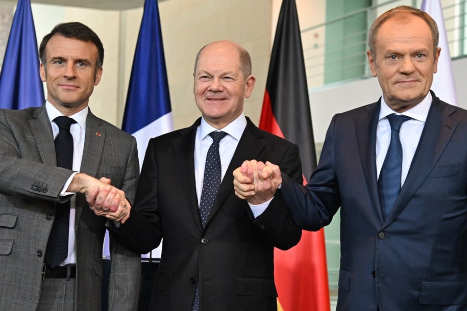 Emmanuel Macron, Olaf Scholz i Donald Tusk /Radek Pietruszka /PAP