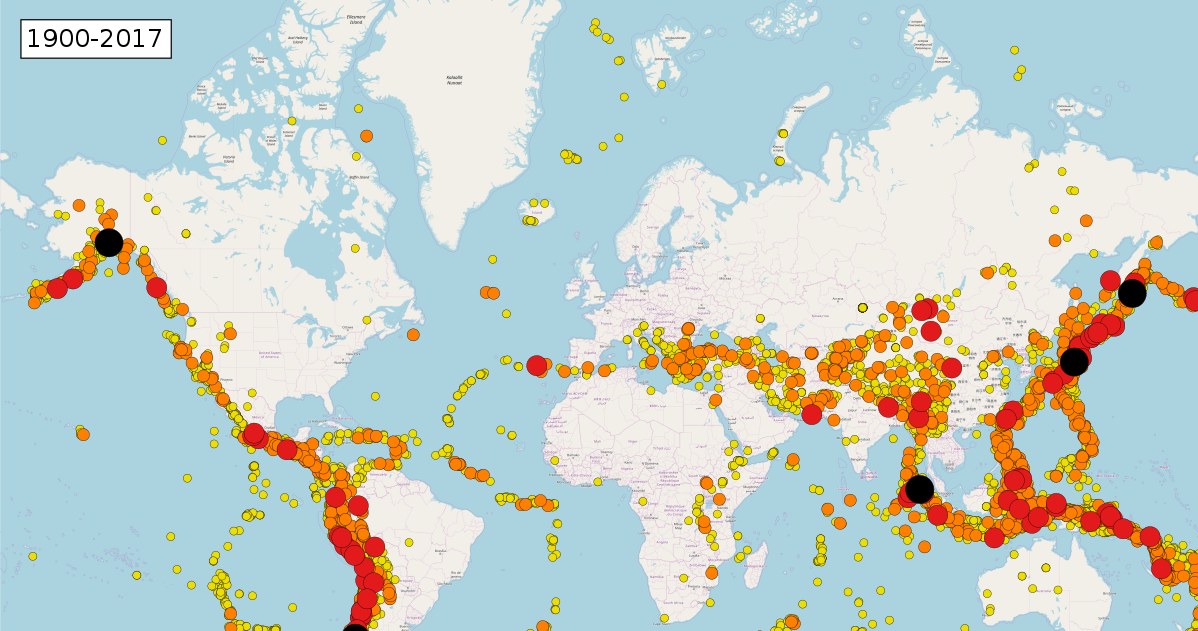 Epicentra trzęsień ziemi w latach 1900-2017 o magnitudzie 6,0 +, na podstawie danych USGS /Wikipedia