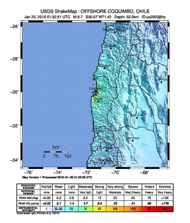Epicentrum chilijskiego trzęsienia ziemi na mapie opublikowanej przez amerykańską USGS /USGS / HANDOUT /PAP/EPA