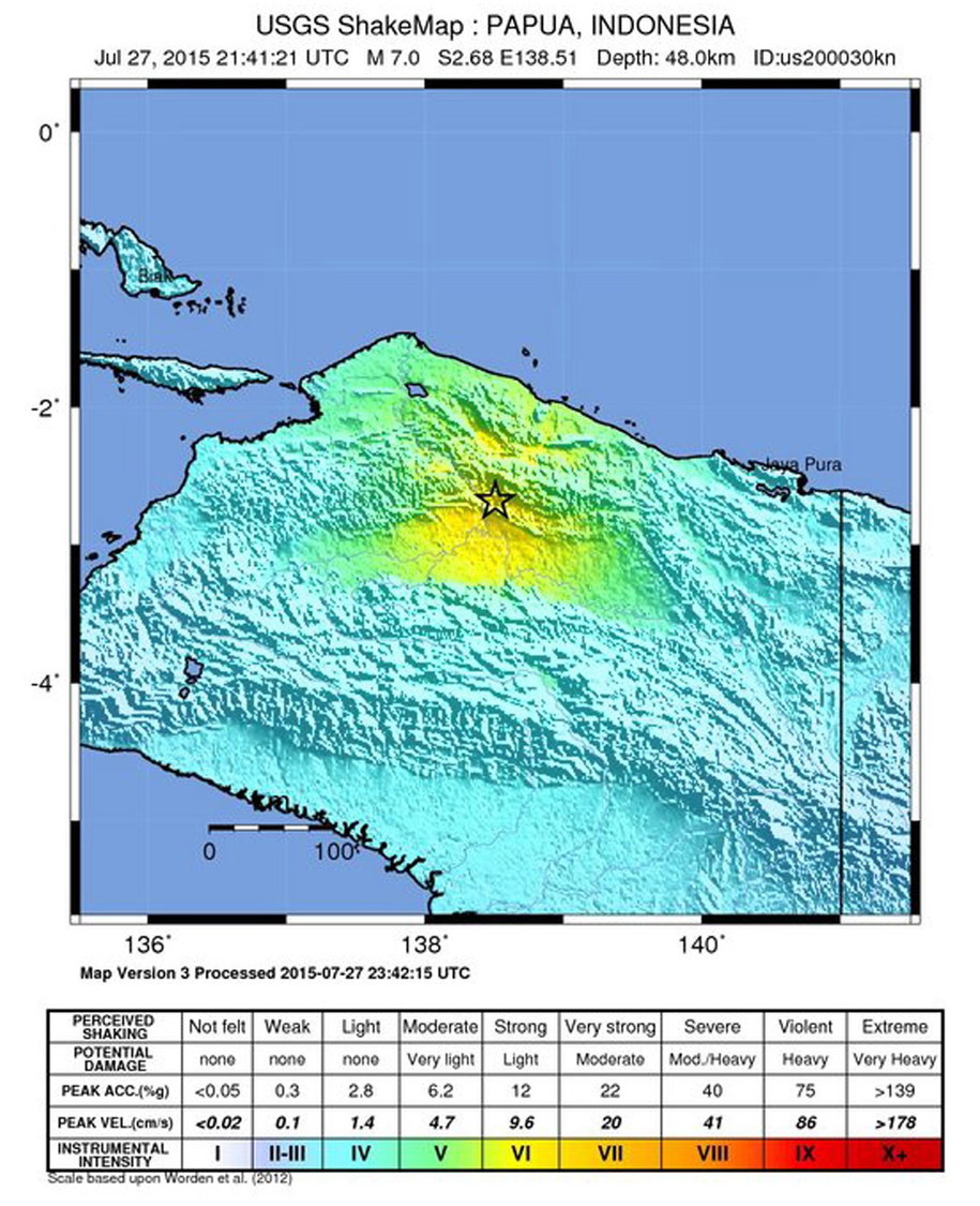 Epicentrum na mapie opublikowanej przez US Geological Survey /USGS /PAP/EPA