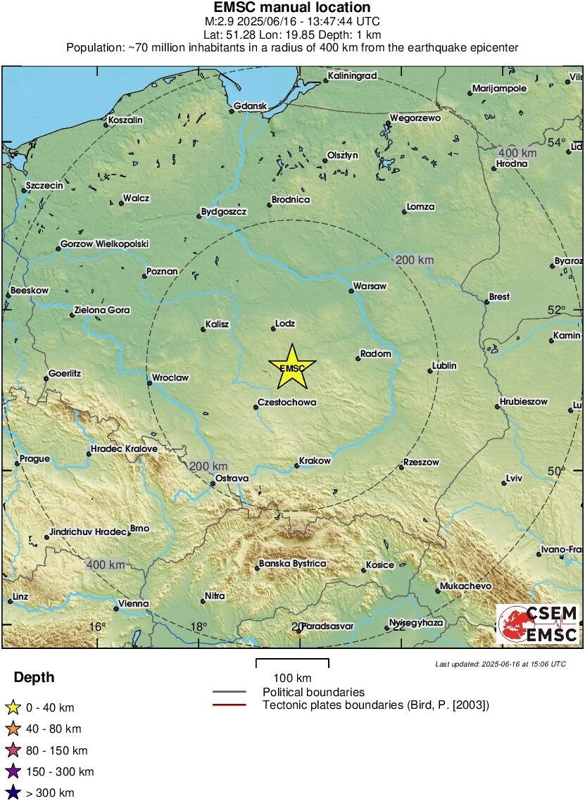 Epicentrum poniedziałkowego trzęsienia ziemi w środkowej Polsce /EMSC /
