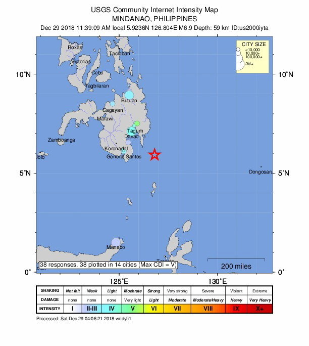 Epicentrum trzęsienia ziemi znajdowało się niedaleko miasta General Santos /UNITED STATES GEOLOGICAL SERVICE / HANDOUT /PAP/EPA