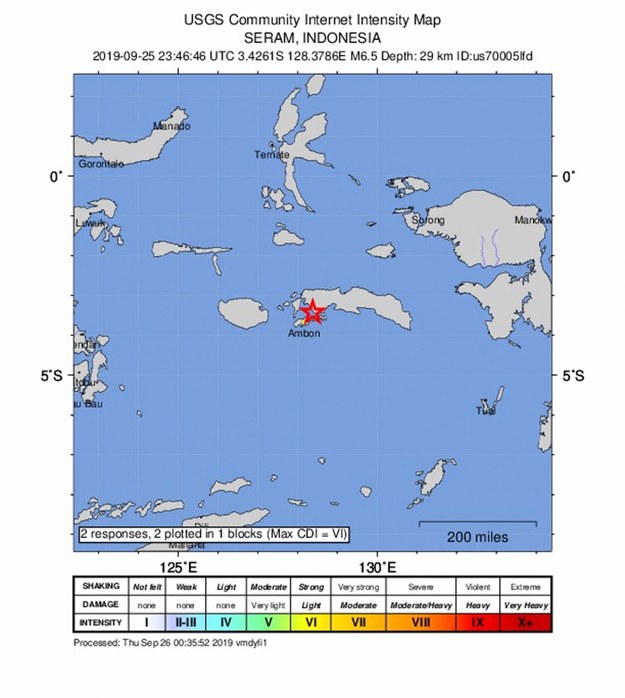 Epicentrum trzęsienia ziemi znajdowało się niedaleko wyspy Ambon /USGS / HANDOUT /PAP/EPA