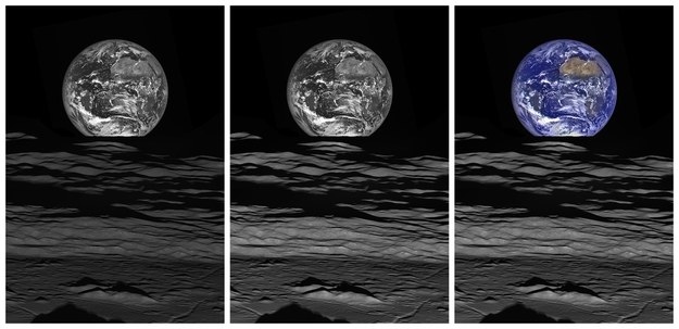 Etapy obróbki zdjęcia, po lewej naturalny kontrast, w środku ppodniesiona jasność powierzchni księżyca, po prawej dodany kolor z kamery WAC /NASA /materiały prasowe