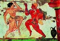 Etruska sztuka, fragment malowidła ściennego z Grobowca Lwic, Tarkwinie, ok. 480 r. p.n.e. /Encyklopedia Internautica