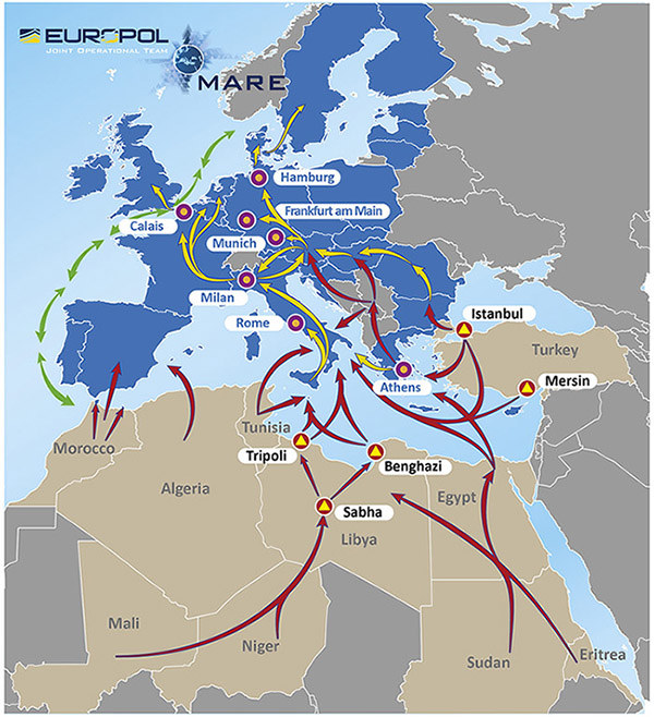 EuroPol opublikował mapę, na której zostały oznaczone trasy wybierane przez imigrantów /http://migrantreport.org/EuroPol /