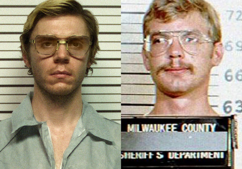 Evan Peters (L) i Jeffrey Dahmer (P) /Netflix / Bureau of Prisons /Getty Images