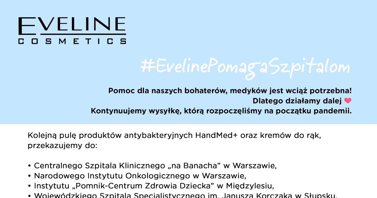 ​Eveline Cosmetics pomaga kolejnym szpitalom /INTERIA.PL/materiały prasowe