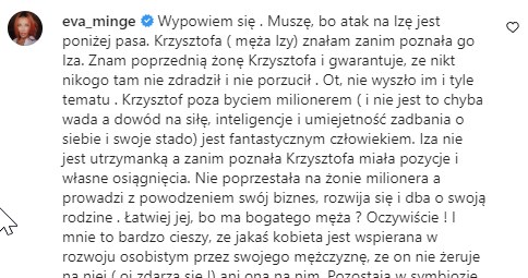 Ewa Minge w obronie Izabeli Janachowskiej /Instagram/izabelajanachowska /Instagram