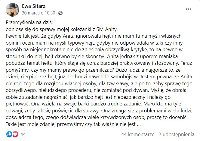 Ewa z Sanatorium miłości skomentowała wpis Anity /Ewa Sitarz /Facebook