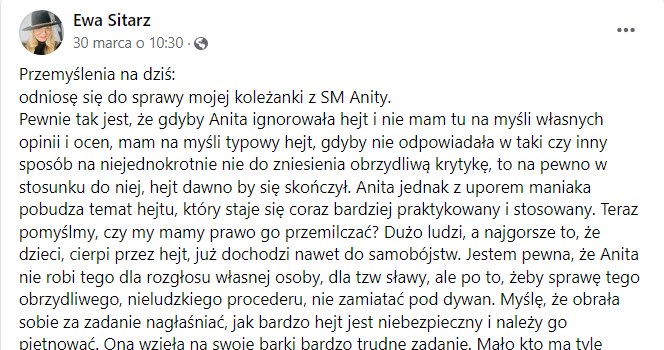 Ewa z Sanatorium miłości skomentowała wpis Anity /Ewa Sitarz /Facebook