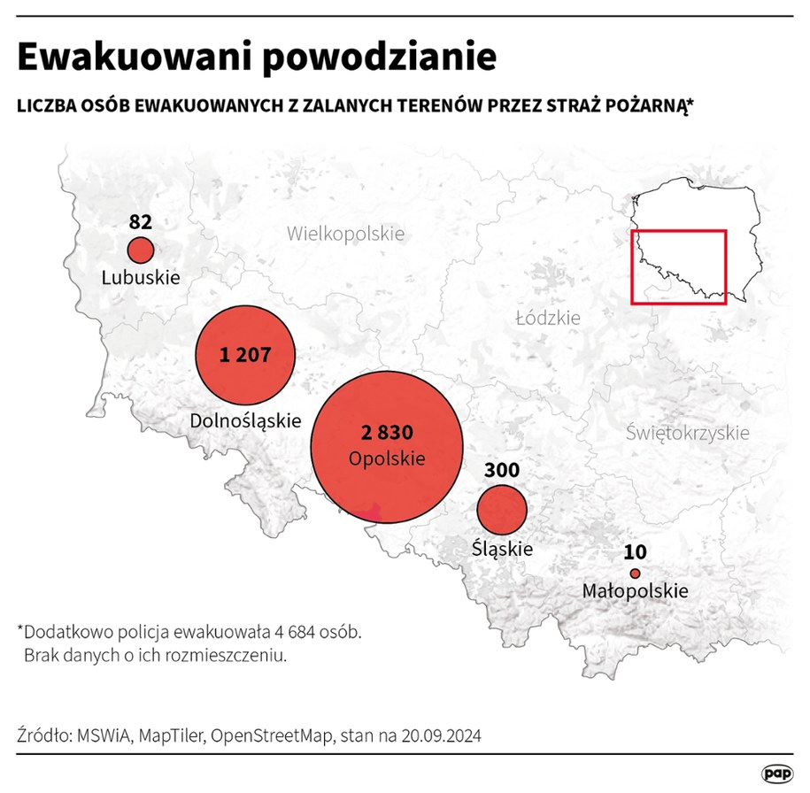 Ewakuowani powodzianie. Dane Ministerstwa Spraw Wewnętrznych i Administracji /Michał Meissner /PAP