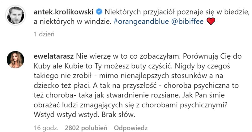 Ewelina Taraszkiewicz komentuje zachowanie Antka Królikowskiego /@antek.krolikowski /Instagram
