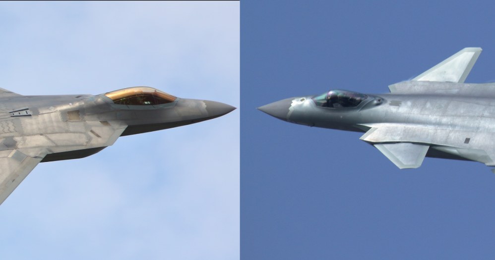 F-22 (z lewej) jest pomyślany specjalnie do walk powietrznych, wyprzedzając w tym nawet nowsze F-35. Czyni go to obecnie najlepszym amerykańskim myśliwcem do tego typu zadań, z którym J-20 (z prawej) mógłby konkurować po zmianach silnika /Wikipedia