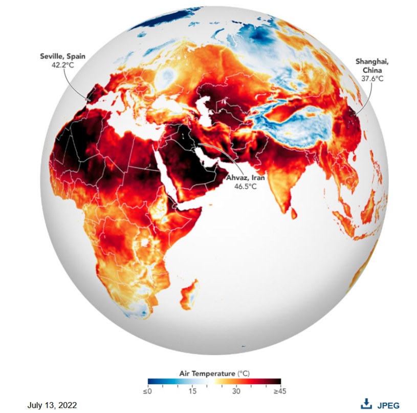 Fale upałów zalewają całą półkulę wschodnią /NASA Earth Observatory /NASA