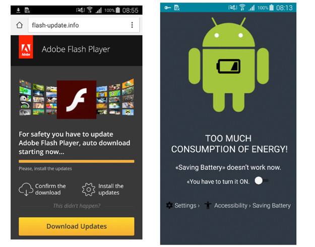 Fałszywa aktualizacja Adobe Flash Player (z lewej) i informacja o rzekomym zbyt dużym zużyciu energii /materiały prasowe