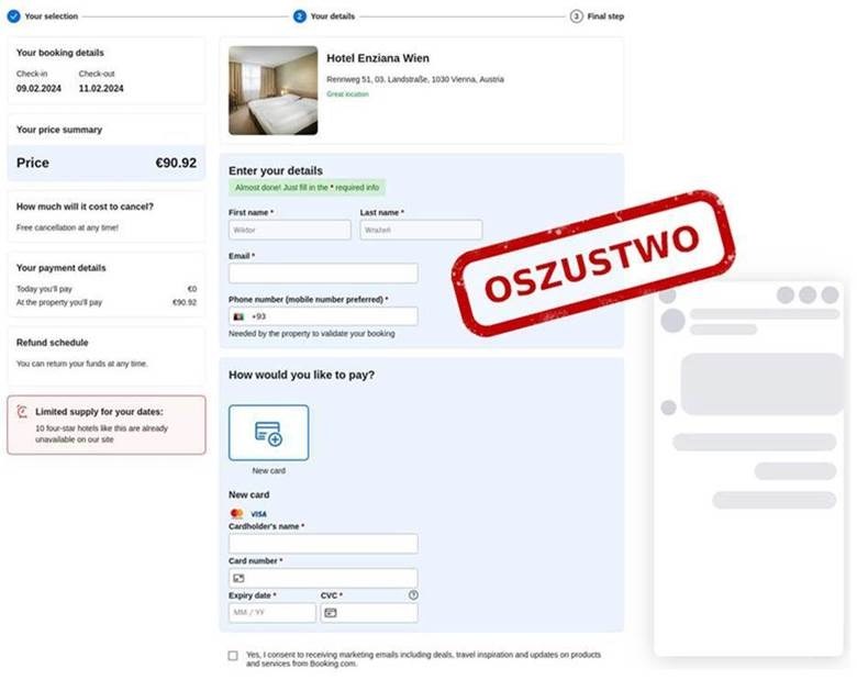 Fałszywa strona podszywająca się pod Booking.com. /Materiały CERT Polska/NASK /materiały prasowe