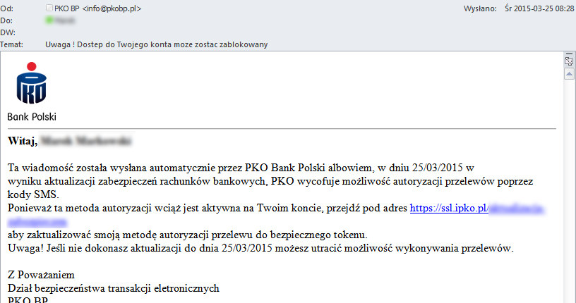Fałszywa wiadomość wysyłana do klientów PKO BP. /materiały prasowe