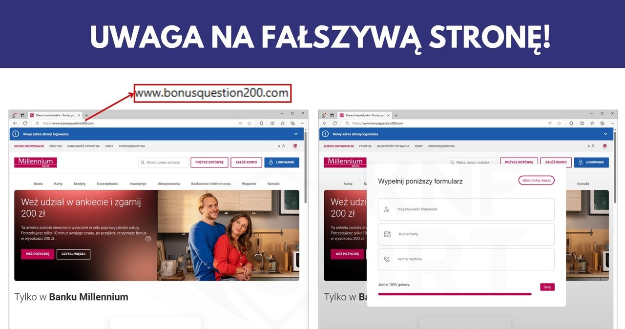 Fałszywe witryny zwykle da się rozpoznać po nazwie. Adres zawiera modyfikacje oryginalnego adresu www lub też zupełnie niezwiązane z nim słowa. /CSIRT KNF /Twitter