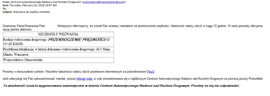 Fałszywy e-mail /CANARD /ITD /