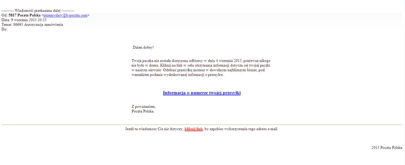 Fałszywy mail od osoby podszywajace się pod Pocztę Polską /materiały prasowe