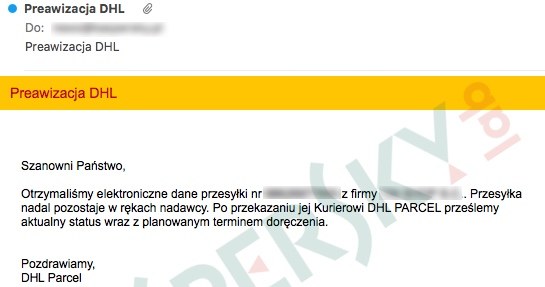 Fałszywy mail udajacy wiadomość od DHL /materiały prasowe