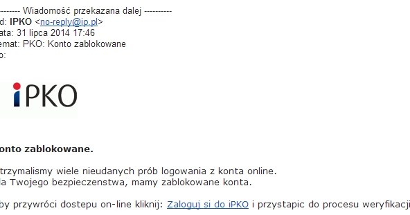 Fałszywy mail udający wiadomość z banku PKO /materiały prasowe