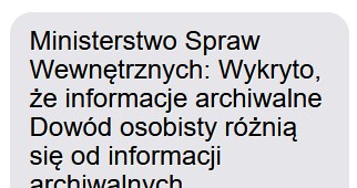 Fałszywy SMS z prośbą o aktualizację archiwalnych danych dowodu. /CERT Orange /materiał zewnętrzny