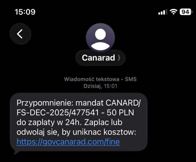 Fałszywy SMS /CANARD /ITD /