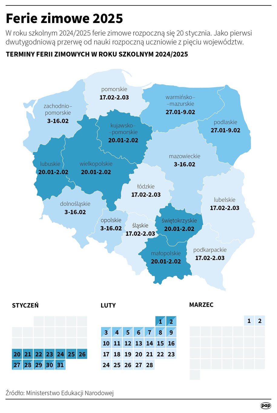 Ferie zimowe w 2025 roku /Michał Czernek, Mateusz Krymski /PAP