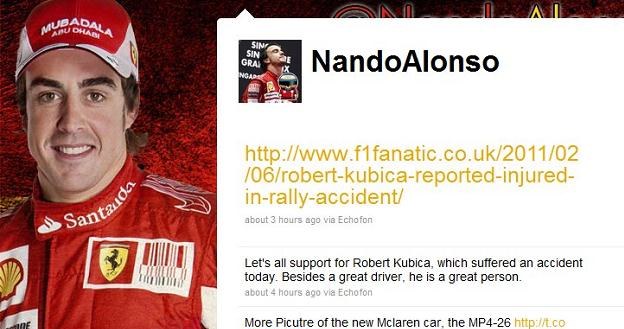 Fernando Alonso na swoim Twitterze życzy Robertowi Kubicy powrotu do zdrowia /Informacja prasowa