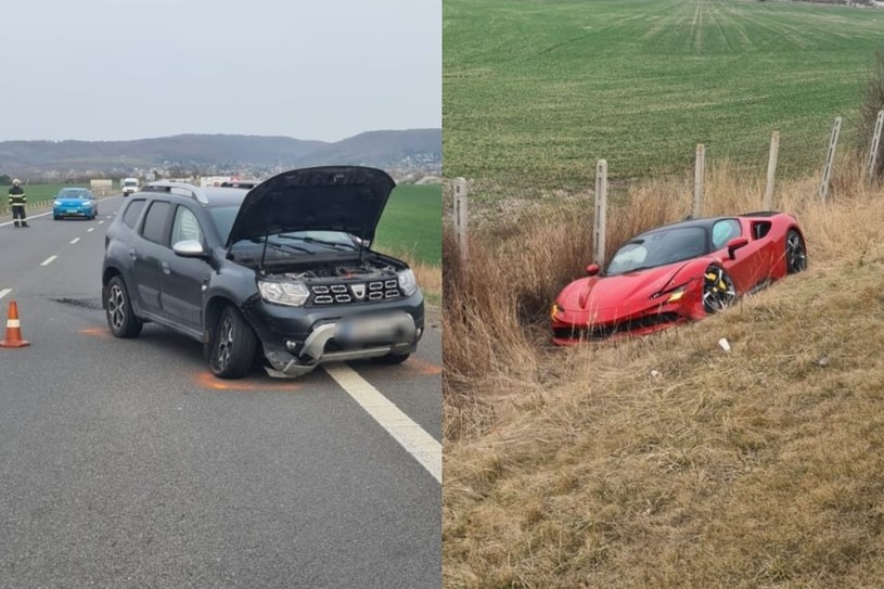 Ferrari SF90 Stradale kontra Dacia Duster - jak informuje słowacka policja, obaj kierowcy biorący udział w kolizji byli trzeźwi /Policja /Informacja prasowa