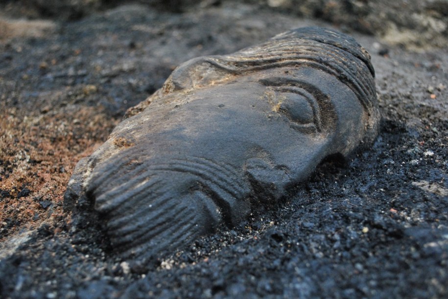 Figura przedstawia bardzo smukłą twarz brodatego mężczyzny z dobrze wypracowanymi rysami. Wykonano ją z piaskowca /foto. INSTYTUT ARCHEOLOGII UNIWERSYTETU WROCŁAWSKIEGO  /