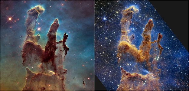 Filary Stworzenia - po lewej stronie sfotografowane przez Teleskop Hubble'a, a po prawej Teleskop Jamesa Webba. /NASA
