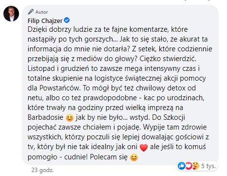 Filip Chajzer odpowiada na krytykę na Facebooku /Facebook/Filip Chajzer /Facebook