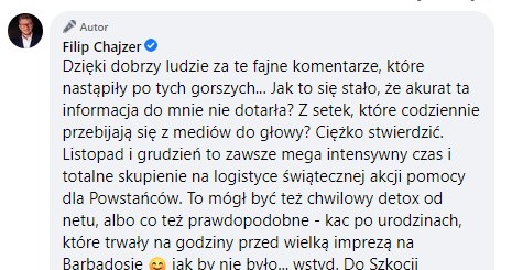 Filip Chajzer odpowiada na krytykę na Facebooku /Facebook/Filip Chajzer /Facebook