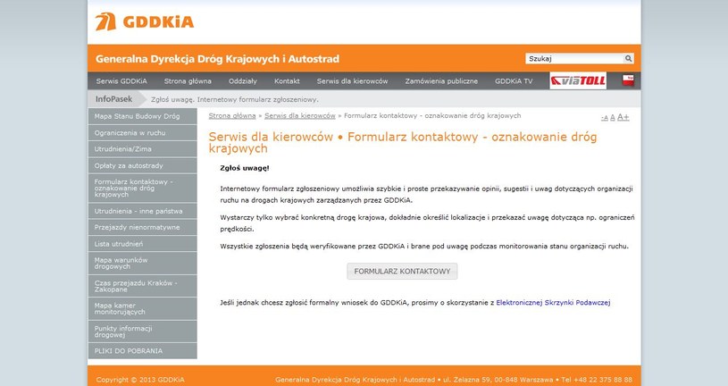 Formularz kontaktowy - oznakowanie dróg krajowych /gddkia.gov.pl