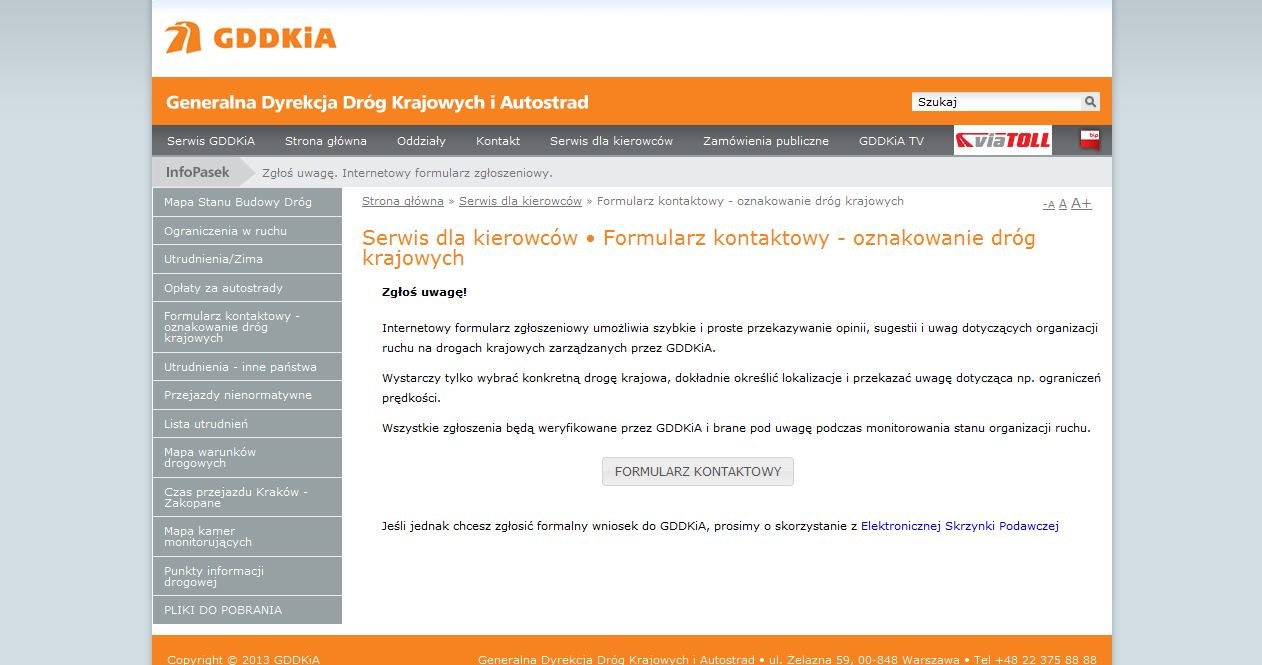 Formularz kontaktowy - oznakowanie dróg krajowych /gddkia.gov.pl