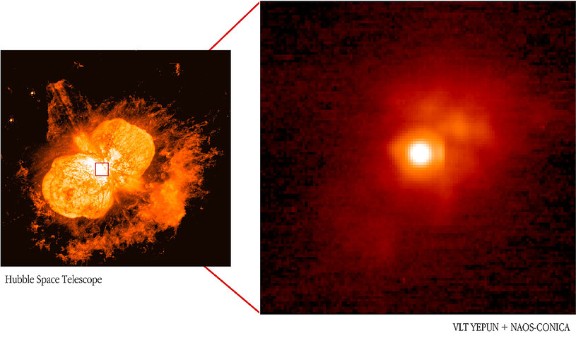 Fotografia wykonana przez Kosmiczny Teleskop Hubble’a ukazuje wokół gwiazdy pozostałości po jej dawnych eksplozjach, zdjęcie VLT ukazuje obszar centralny i samą gwiazdę. /Wikimedia Commons /domena publiczna